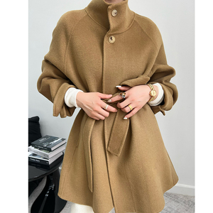 高端短中款立领插肩袖双面羊绒大衣女小个子宽松系带纯羊毛呢外套