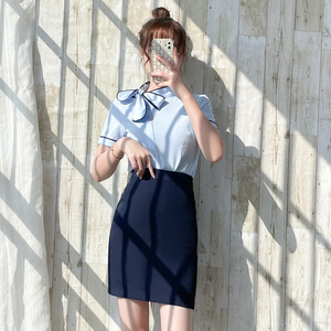 蝴蝶结蓝色衬衫2024夏季空姐制服职业套装高端女士短袖衬衣工作服