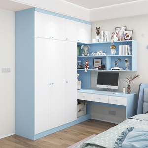儿童衣柜书架一体转角书桌家用卧室小孩大容量收纳衣橱写字桌定制