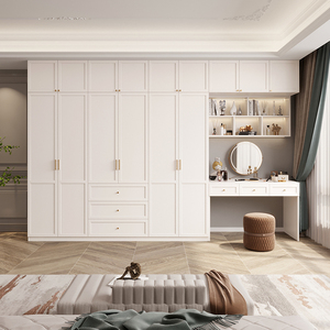 法式奶油风大衣柜化妆桌梳妆台一体家用卧室书桌组合衣橱轻奢定制
