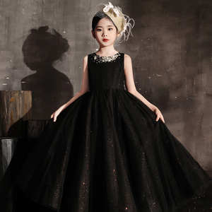 儿童礼服黑色高端齐地简约洋气晚礼服主持走秀歌唱钢琴演出公主裙