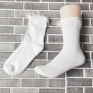 春季简约白色女袜外贸库存纯色中筒女袜带装饰品纯棉排汗吸湿百搭