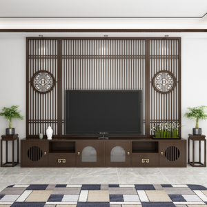 定制新中式隔断实木电视墙背景墙进门入户中式客厅地柜屏风电视柜