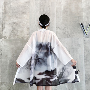 夏季中国风雪纺山水水墨画中长款羽织日式和服开衫宽松防晒衣外套
