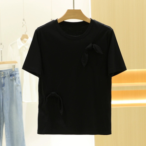 恩瑞妮夏纯色圆领蝴蝶结设计感减龄短袖T恤24新款品牌折扣剪标