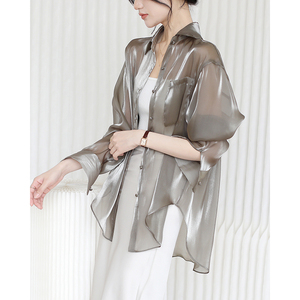 夏季法式高级感人鱼姬衬衫女设计感小众薄款天丝防晒衬衣别致上衣