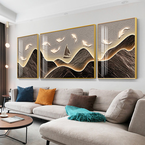 一帆风顺侘寂风客厅装饰画现代轻奢沙发背景墙挂画高级三联组合画