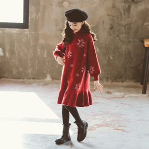 女童冬装连衣裙大儿童冬款女孩冬季红色加厚针织裙子打底毛衣裙子