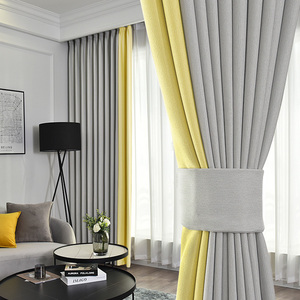 灰黄窗帘高温定型拼色拼接2021年新款遮光卧室客厅挂钩式轻奢棉麻