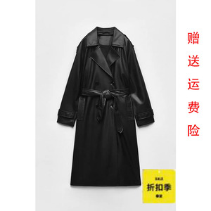 ZA柜价699新品女装 配腰带仿皮风衣外套黑色长款大衣 3046072 800