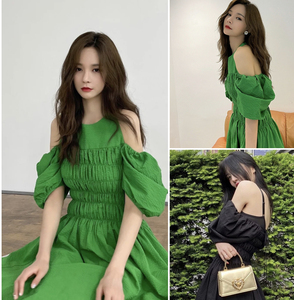 韩国设计品牌 moonlee joy沈梦辰同款露肩褶皱泡泡袖连衣裙