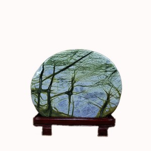 石画天然石头摆件绿色玉树水晶石草花国画室内办公室装饰礼品奇石