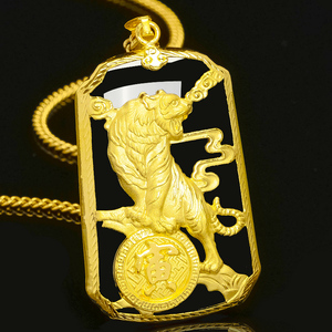 999足金黄金生肖虎吊坠属相老虎纯金墨玉金镶玉本命年和田玉虎年
