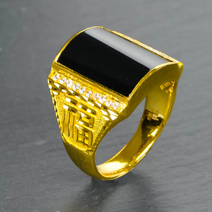 黄金镶玉戒指男款福字足金宽面和田墨玉戒指玉器指环戒999足金