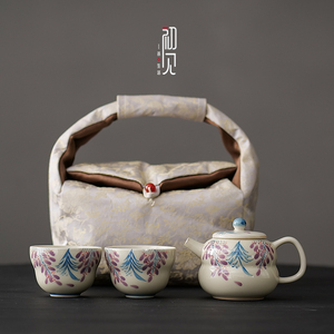 草木灰手绘紫藤花功夫茶具茶壶茶杯家用组合旅行茶具布包一壶两杯
