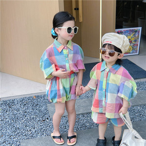 儿童海边度假套装亲子装彩色格子衬衫男童夏季兄妹装两件套女童潮