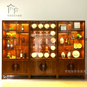 新中式博古架带玻璃门紫砂壶展示柜实木茶叶置物架古董多宝阁带灯