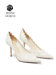 Rose Doris白色婚鞋女2024新款刺绣蕾丝新娘鞋主婚纱鞋尖头高跟鞋