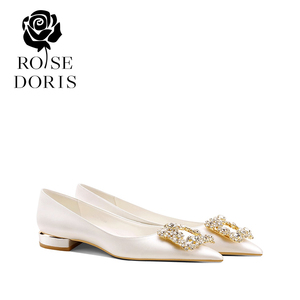 RoseDoris白色婚鞋女平底低跟孕妇新娘鞋水钻单鞋真皮主婚纱鞋