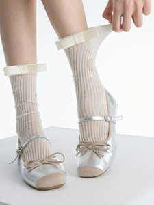 抵达一楼白色蝴蝶结袜子女中筒芭蕾风灰色薄款竖纹夏季jk堆堆短袜