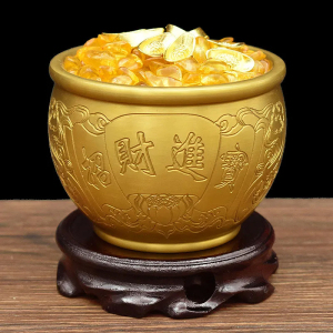 聚财黄铜米缸百福缸招财小摆件水缸办公室家用小号纳福复古聚宝盆