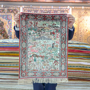 波斯地毯45x60cm手工打结真丝地毯田园风图案挂毯挂画