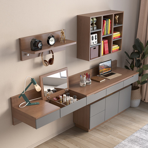北欧简约卧室书桌翻盖梳妆台组合一体小户型挂墙式书柜网红电脑桌