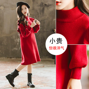 女童红色连衣裙春秋季韩版洋气拜年公主裙中大童加厚针织毛衣裙子
