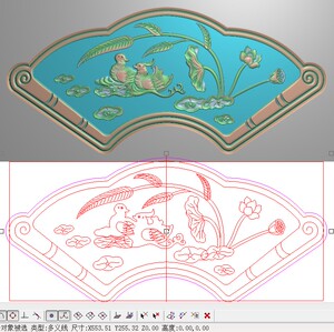 精雕图荷花鸳鸯扇形背板灰度图浮雕精品花鸟大床中板莲花553x255