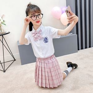 女童清新校服学院风蝴蝶结jk短袖套装中大童领带格子百褶裙两件套