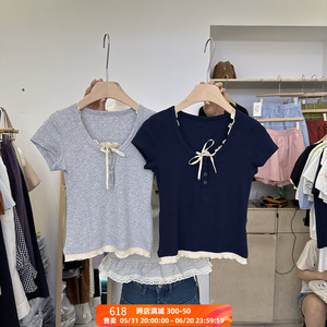 韩系假两件木耳边短袖T恤女2024夏季新款撞色针织打底衫短款上衣
