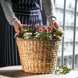 草编插花桶深款手提花筐圆形花盆装饰套篮北欧田园风大花瓶编织框