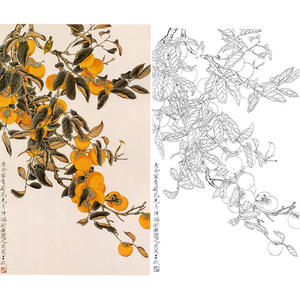 yf48于非暗白描底稿工笔花鸟柿子事事如意丹柿实物打印白描底稿