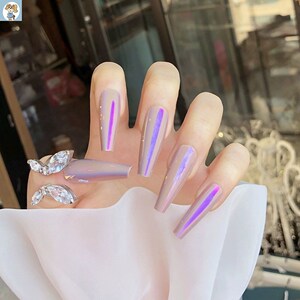 裸紫镜面超长芭蕾甲穿戴美甲贴片假指甲成品显手长可拆卸指甲贴片
