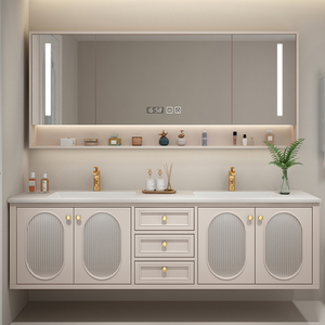 轻奢美式浴室柜组合奶油色风岩板无缝盆双盆卫生间洗脸手盆洗漱台