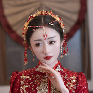 红琉璃花朵流苏后区秀禾服结婚中式婚礼发饰品眉心坠额饰唯美古风