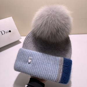 新款狐狸毛球毛线帽子女秋冬季安哥拉兔绒针织帽时尚百搭保暖冬帽