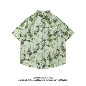 cuwu绝美绿色玫瑰花满印短袖衬衫女夏季港风chic设计感慵懒风衬衣