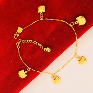周大福星24k越南沙金999黄金女脚链可调节简约爱心转运珠球不掉色