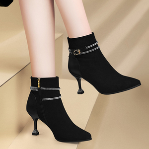 冬季半桶七公分高跟鞋短靴淑7厘米中帮气质短筒半腰靴子细跟女款