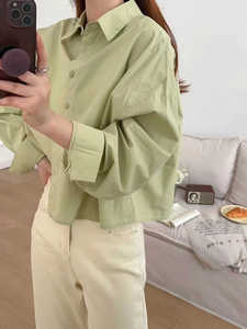 时尚芥末绿衬衫女小个子复古设计感小众短款长袖衬衣韩系减龄洋气