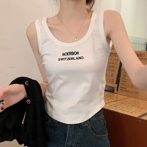 白色纯棉字母背心女夏外穿内搭吊带遮副乳无袖t恤U领短款高腰上衣