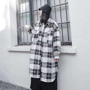 冬装新款女小众日系宽松大码羊毛呢中长款格纹大衣外套设计感复古
