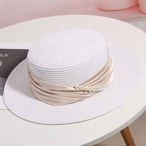 夏天休闲度假遮阳帽优雅法式珍珠白色小檐平顶草帽沙滩小礼帽子女