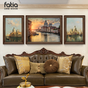 客厅装饰画沙发背景墙挂画美式三联画复古油画威尼斯建筑壁画大气