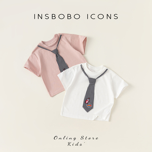 INSbobo男童短袖T恤2024新款时尚休闲男宝夏装个性领带儿童上衣