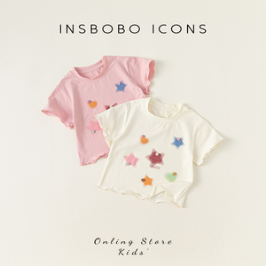 INSbobo女童上衣洋气时髦甜美印花儿童短袖T恤2024新款女宝夏装