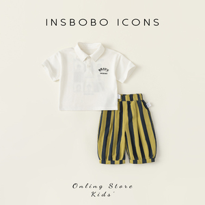 INSbobo儿童套装个性印花男孩衣服2024夏装新款条纹男童两件套
