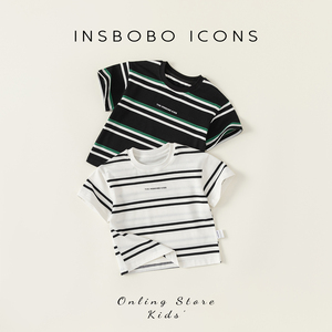 INSbobo男童T恤新款条纹上衣儿童短袖个性印花宝宝男孩夏装童装潮