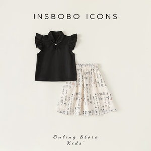 INSbobo女童夏季汉服套装飞袖上衣中式印花儿童裙子夏装两件套